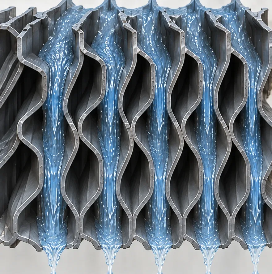 Cooling tower fill after on-line cleaning: clean sheets with clear water flowing through