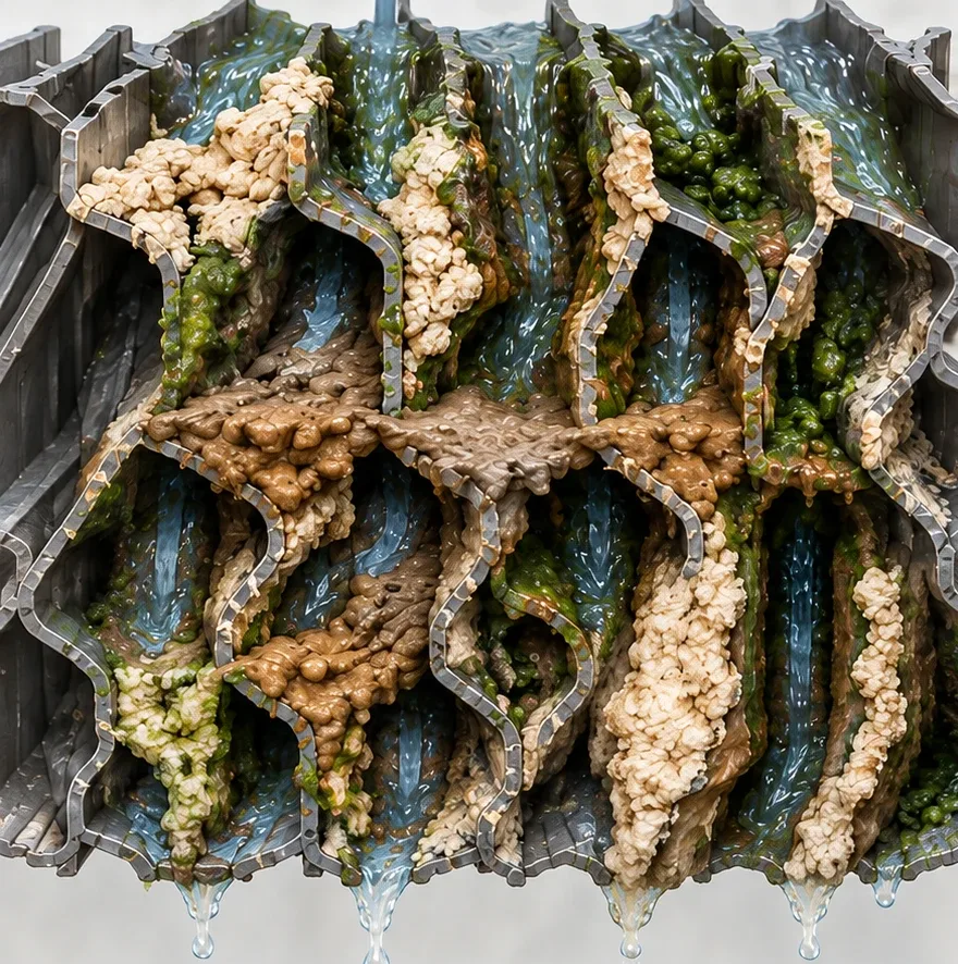 Cooling tower fill before cleaning: sheets choked with scale, sludge and algae